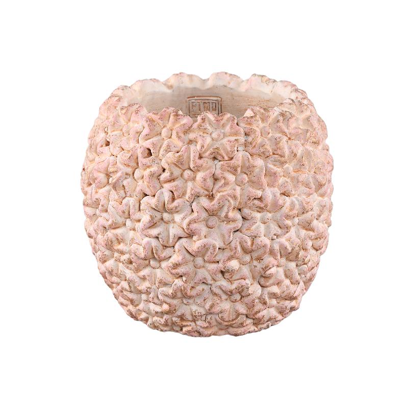 Blumentopf – Runde Form, Zement Material, Blumen Muster, Rosa Oberfläche, L – Salia | PTMD