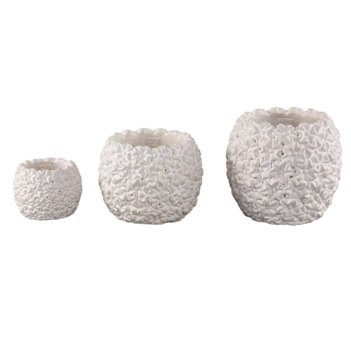 Blumentopf – Runde Form, Zement Material, Blumen Muster, Weiße Oberfläche, S – Salia | PTMD