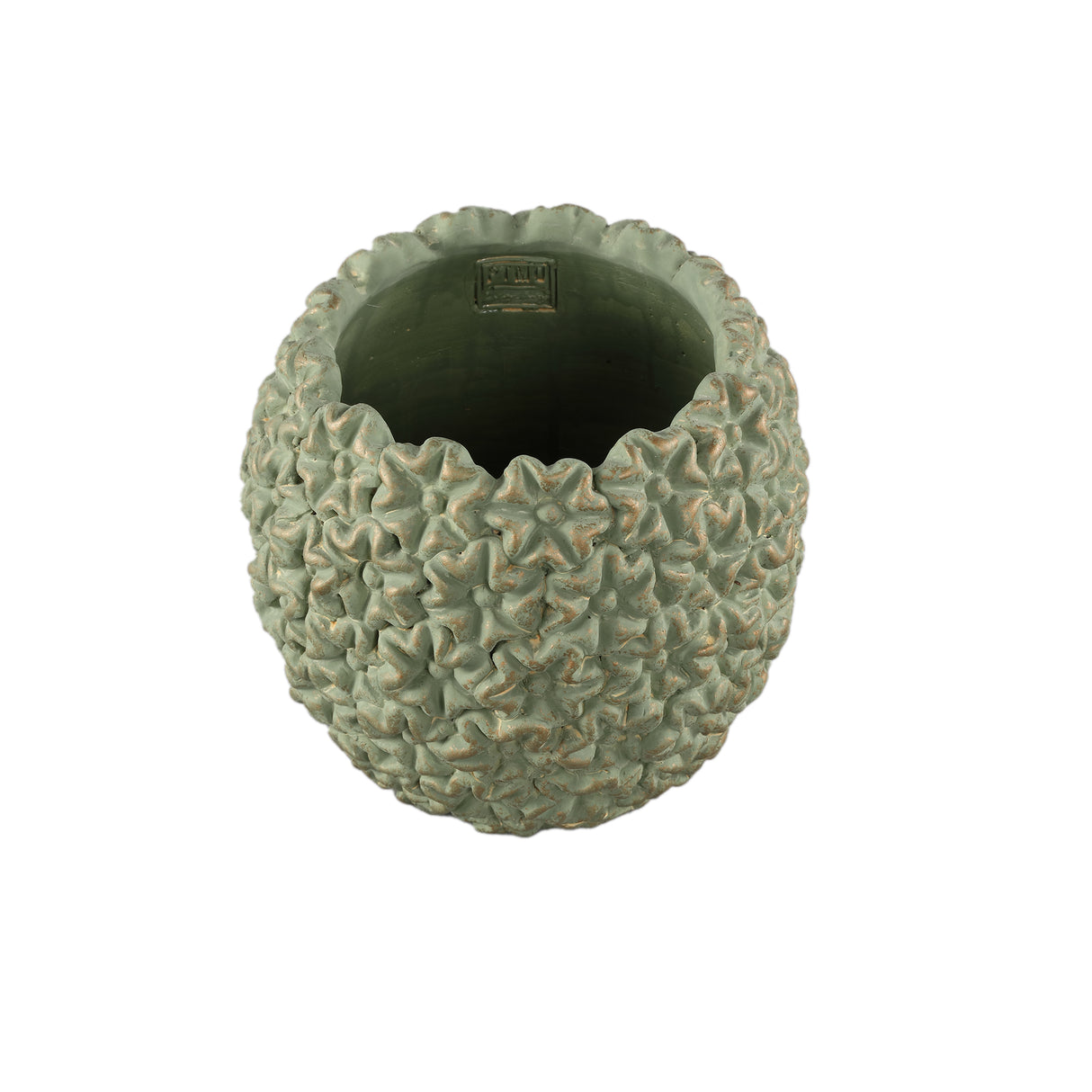 Blumentopf – Runde Form, Zement Material, Blumen Muster, Grüne Oberfläche, S – Salia | PTMD