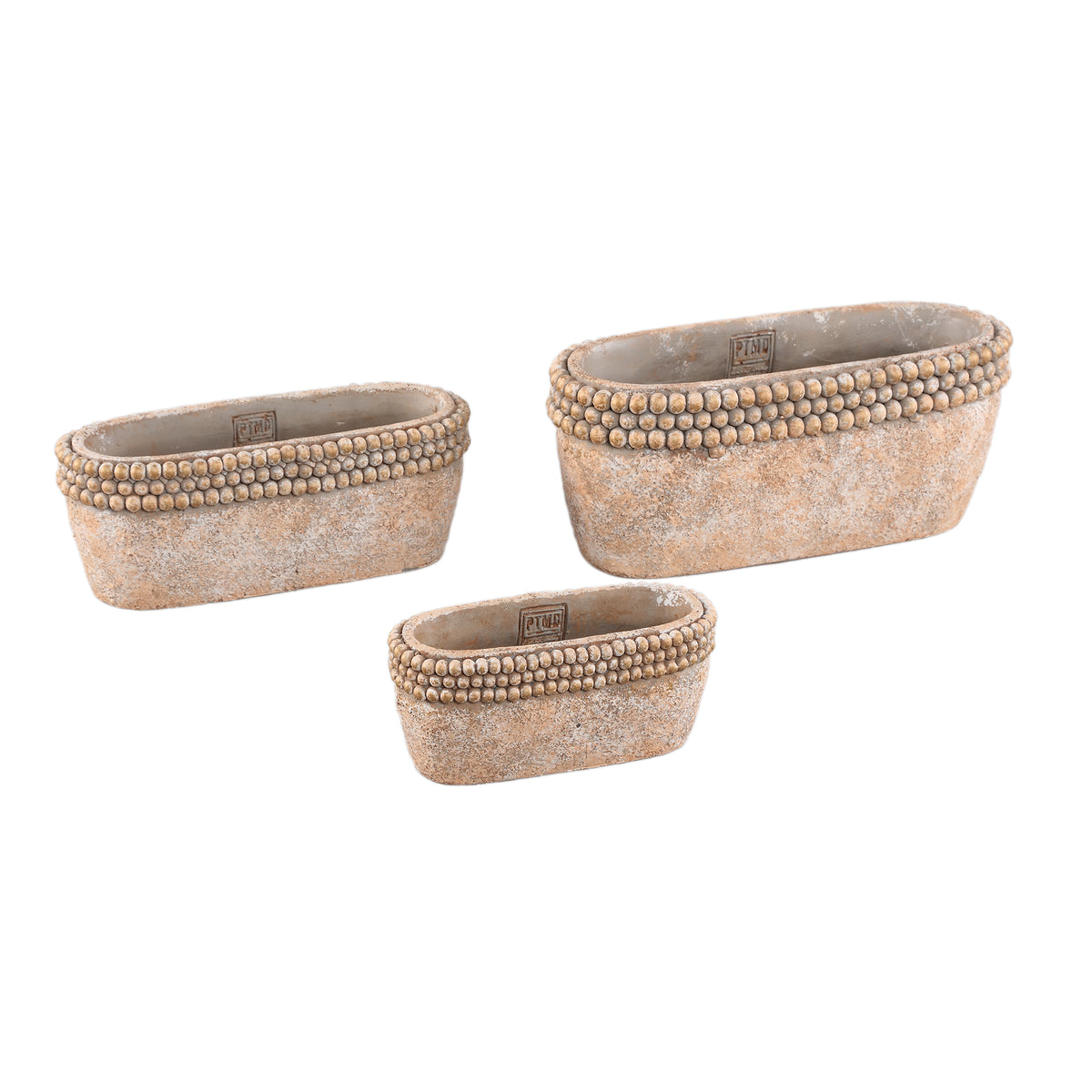 Blumentopf - Ovaler Zement, Perlenrand, Niedrige Form, Braun, L – Rydel | PTMD