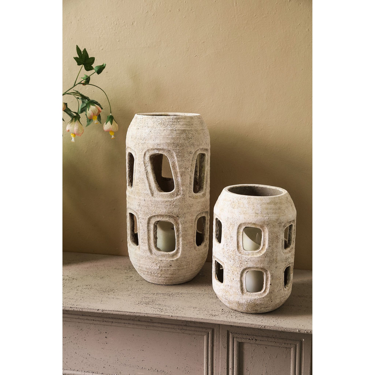 Hurricane Lantern - Cement Material, White Clay, Open Shape, S - Tayla | PTMD