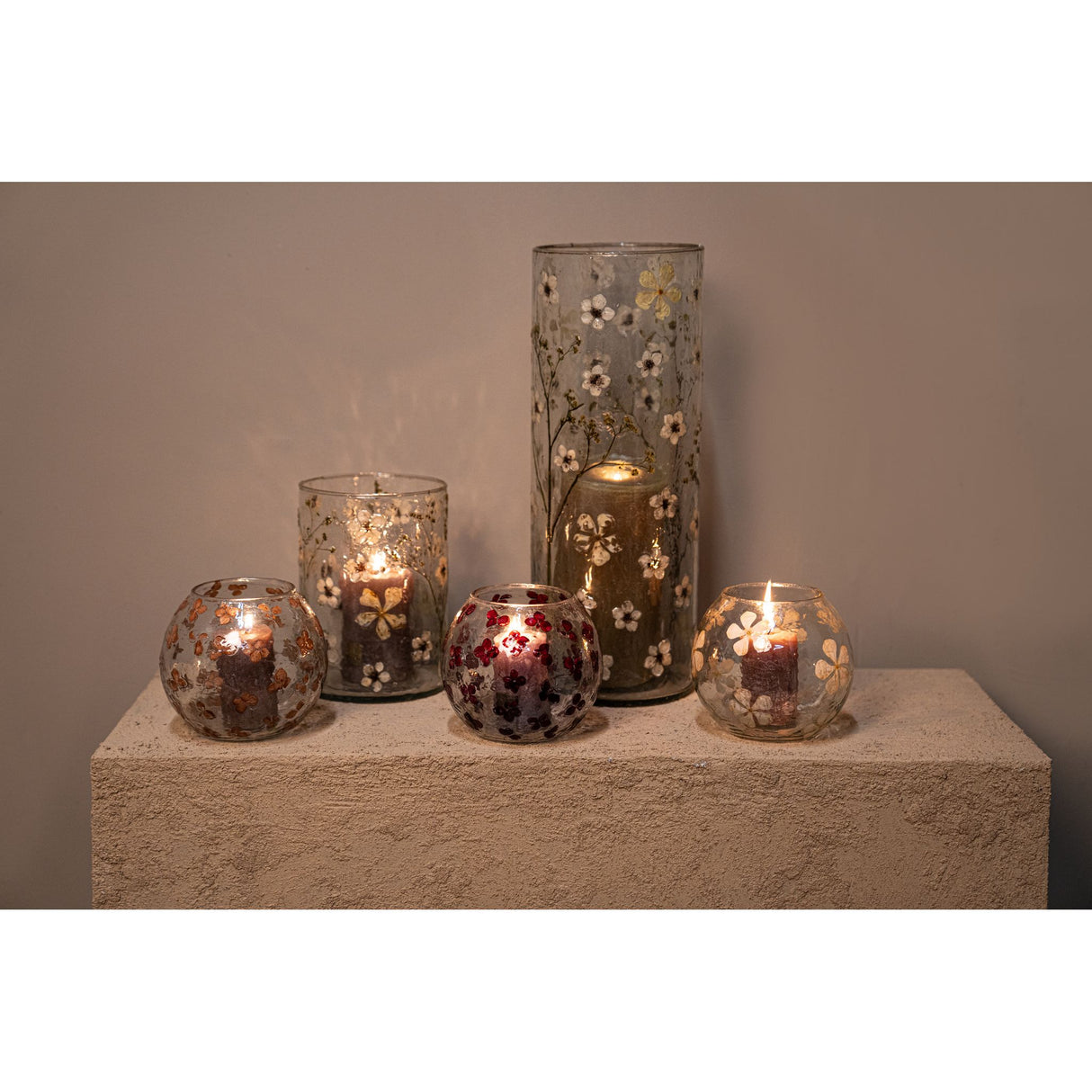 Windlicht – Blumendesign, Runde Form, Glasmaterial, Blau – Faron | PTMD