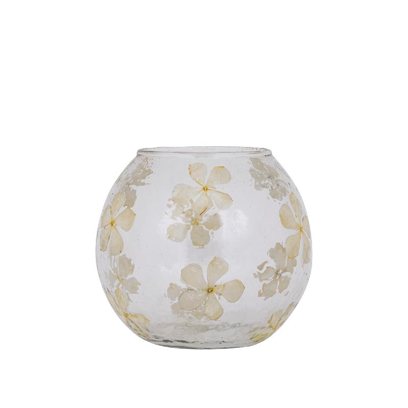 Windlicht – Blumendesign, Runde Form, Glasmaterial, Creme – Faron | PTMD