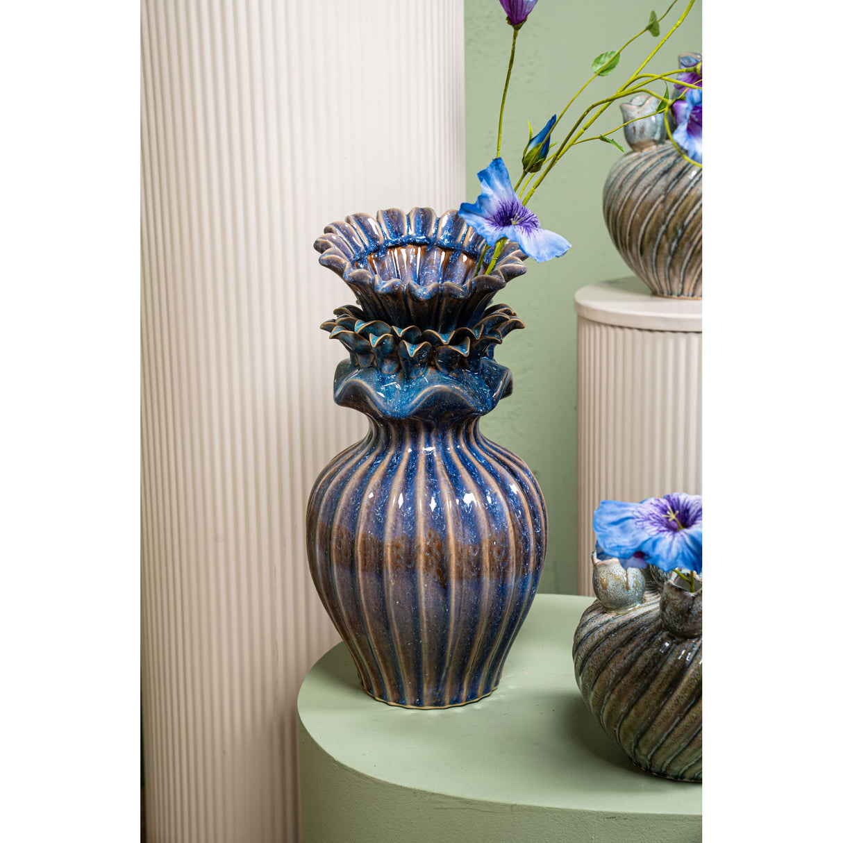 Vase - Flower Shape Design, Ceramic Material, Blue Color, XL - Manda | PTMD