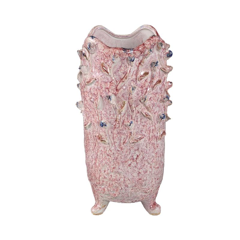 Vase – Light Pink Color, Round Shape, Blue Rose Motif, Ceramic, L – Laihla | PTMD