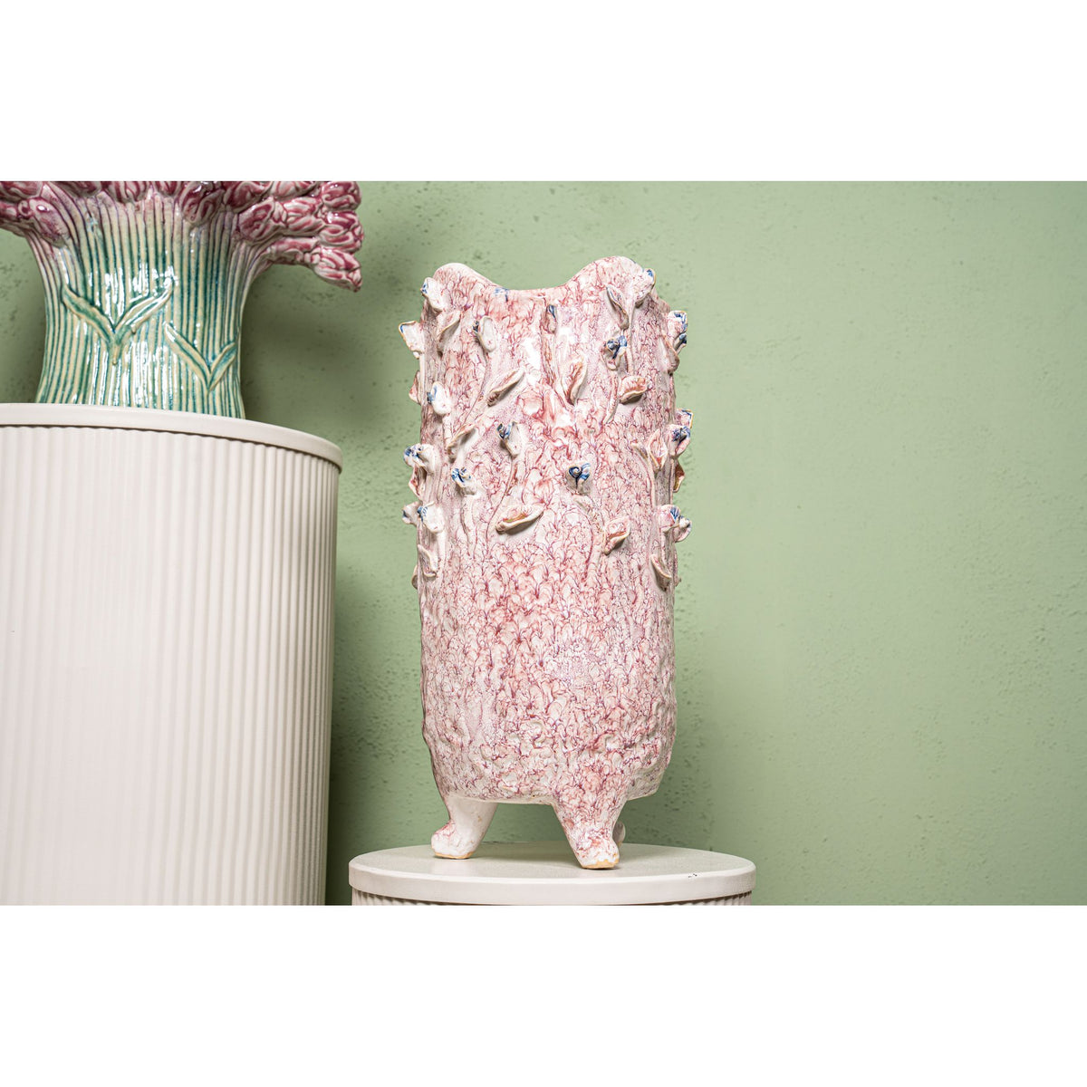 Vase - Light Pink Color, Round Shape, Blue Rose Motif, Ceramic, S - Laihla | PTMD