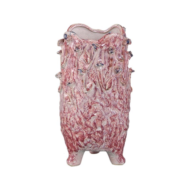 Vase - Light Pink Color, Round Shape, Blue Rose Motif, Ceramic, S - Laihla | PTMD