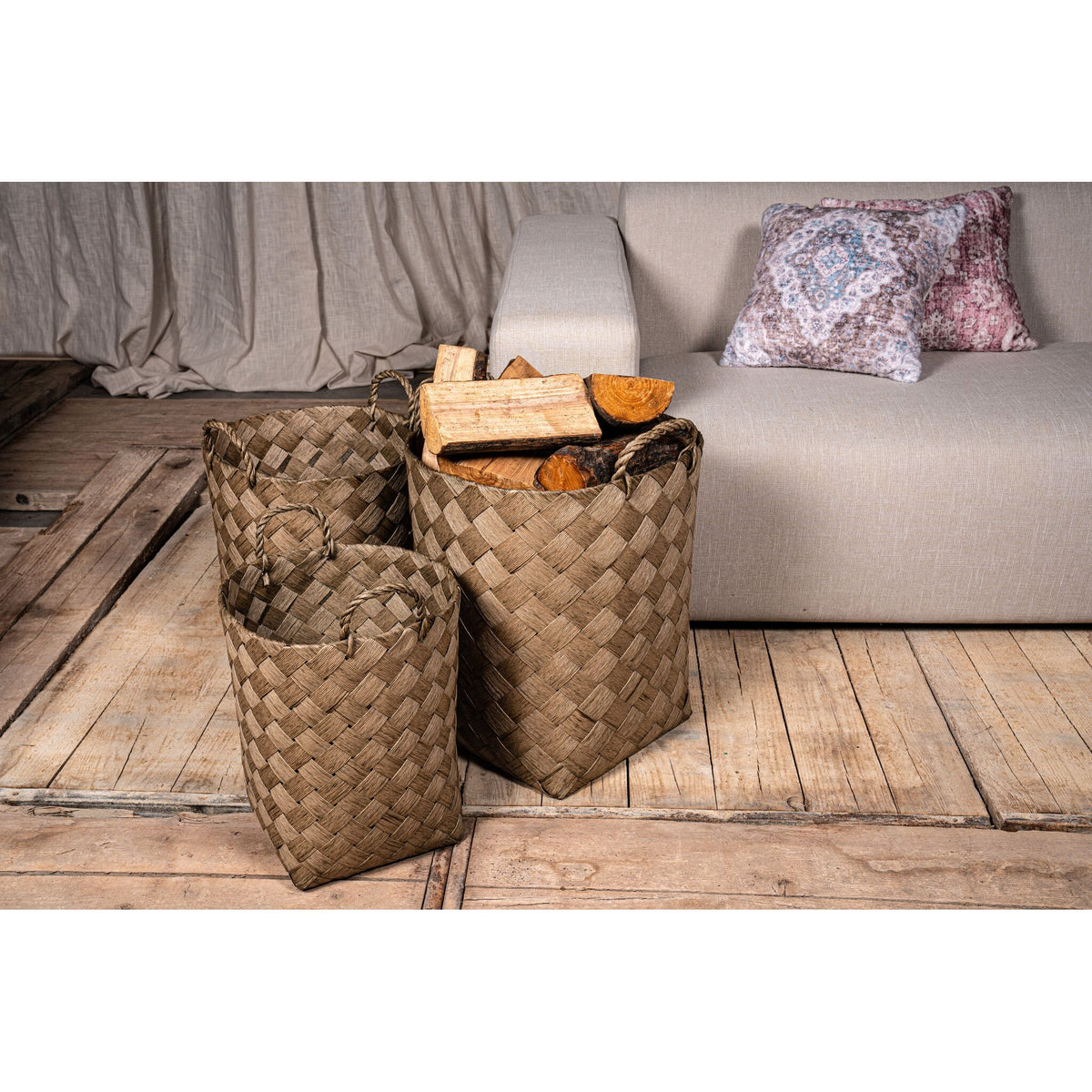 Basket – Green Paper, Woven Look, Barrel Shape, With Handle – Clarke | PTMD
