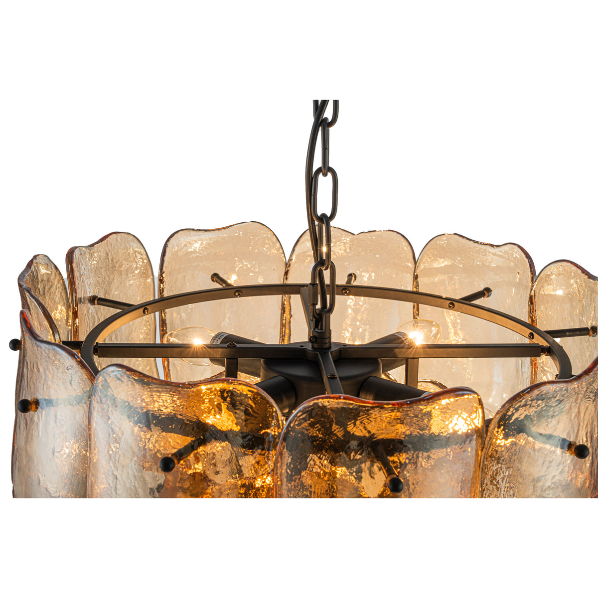 Pendelleuchte aus Glas und Eisen mit bernsteinfarbener Optik und runder Form, S – Vila | PTMD