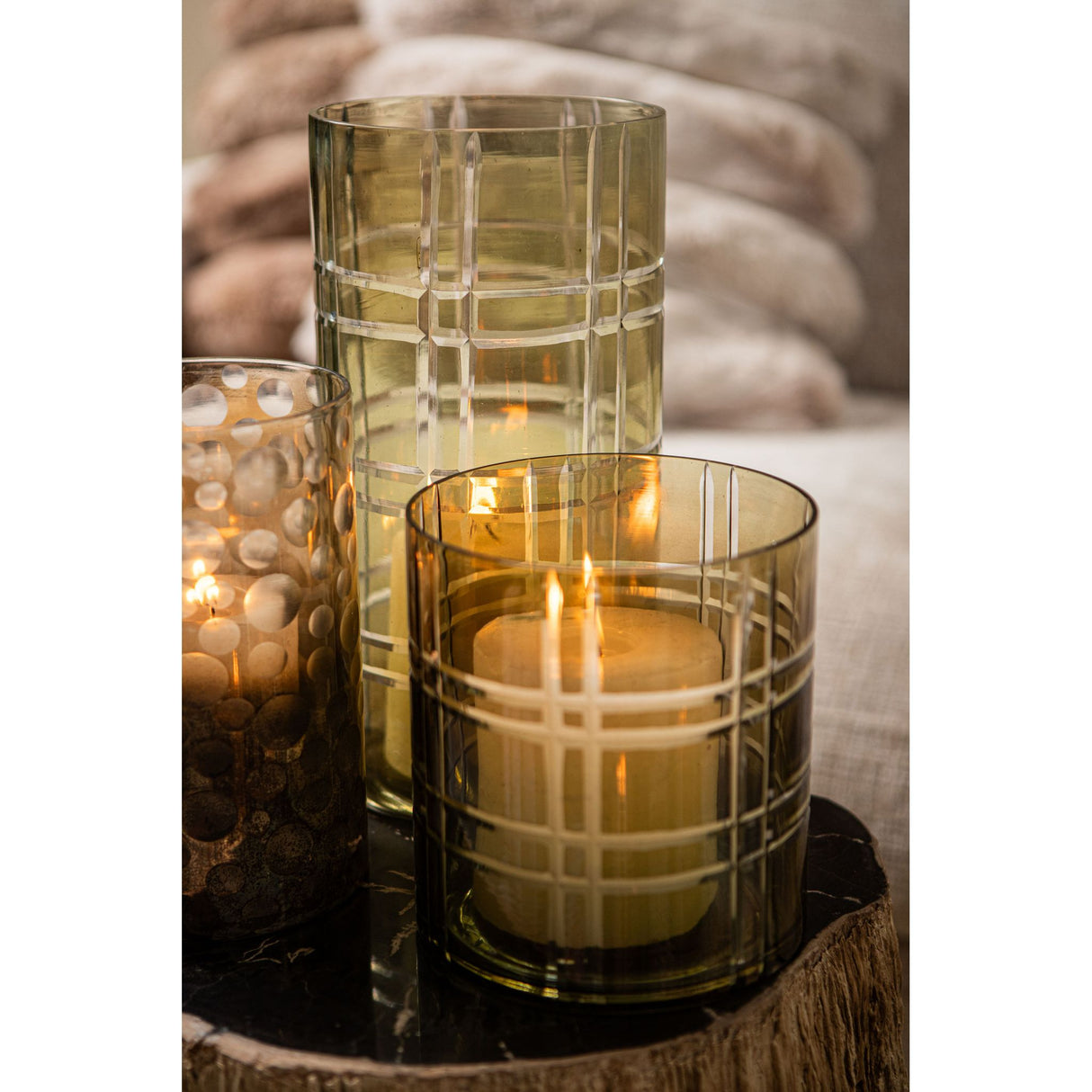 Hurricane Lamp – Round Glass Design, Striped Surface, Moss Green Color, L – Divit | PTMD
