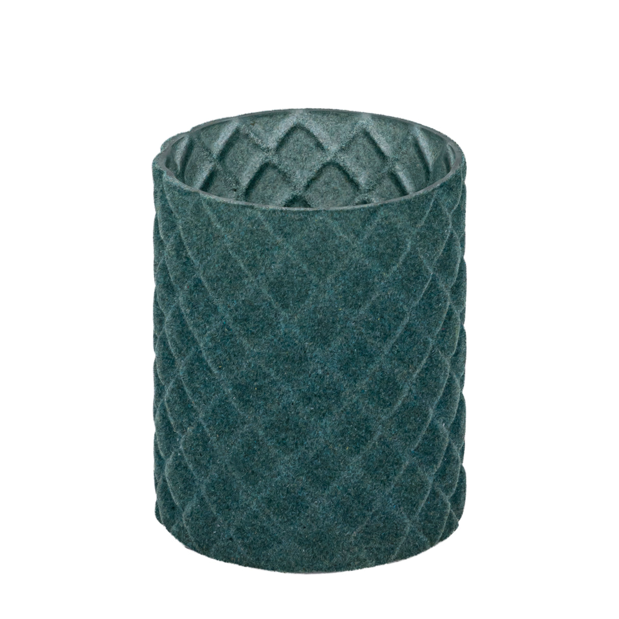 Teelichthalter aus Glas, petrolfarbene Optik, mit Flocking-Oberfläche, Rautenform, L – Amella | PTMD