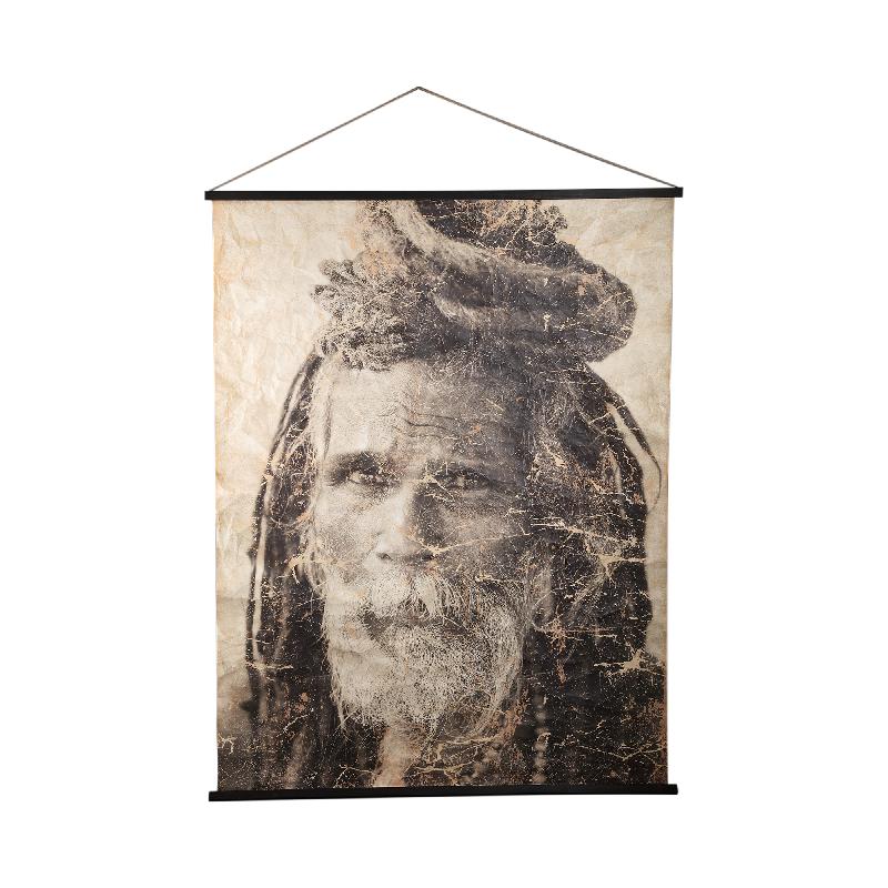 Jute, paper and wood wall art with beige tones, portrait motif with dreadlocks and composite look – Alexy | PTMD
