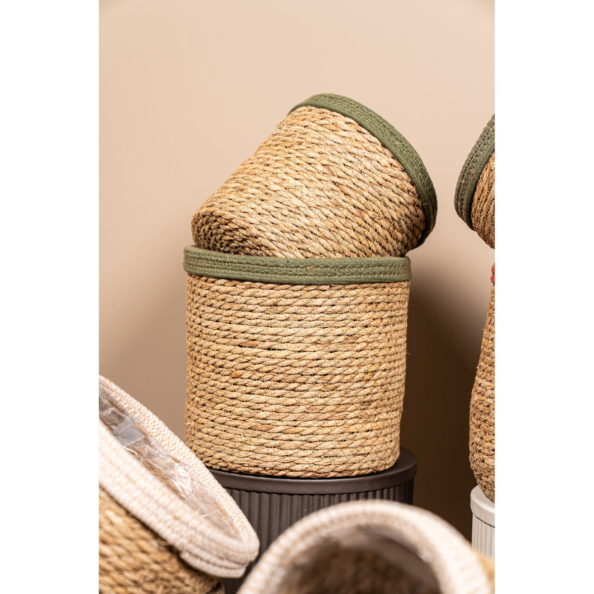Basket – Dark Green Rattan, With Ears, Round Shape – Leavy | PTMD
