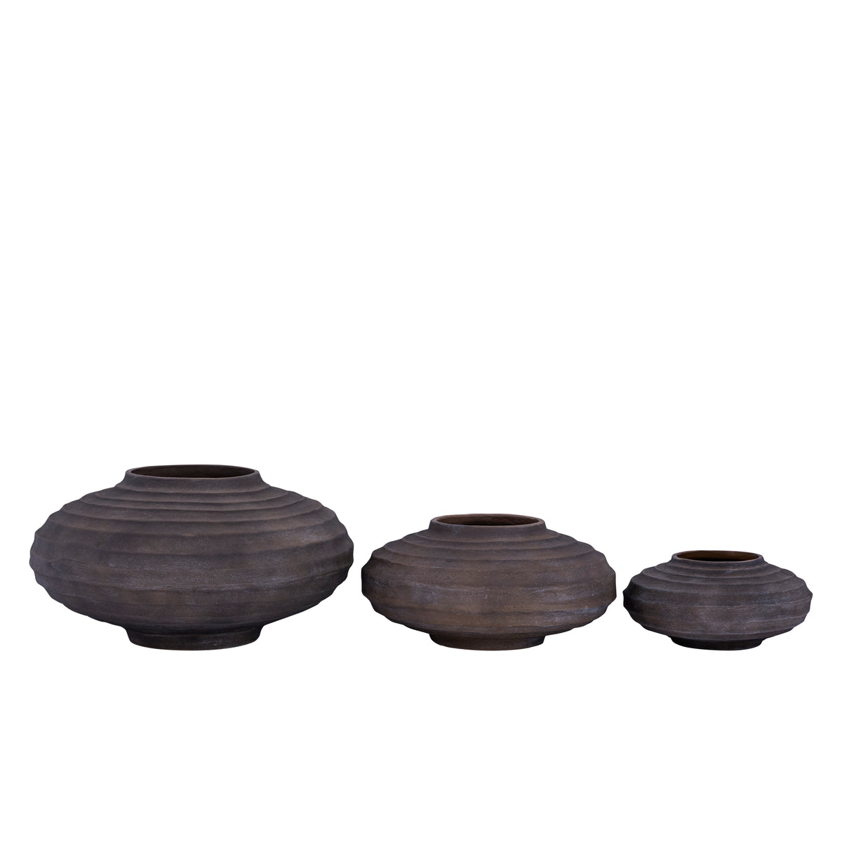 Dark Brown Cast Aluminum Flower Pot with Ribbed Design, Stone-Wash Finish, S – Kody | PTMD