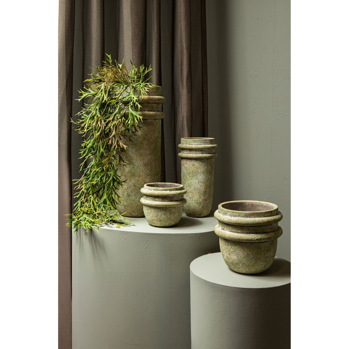 Vase – Double Rim Structure, Tall Form, Green Surface, Cement Material, S – Almeda | PTMD