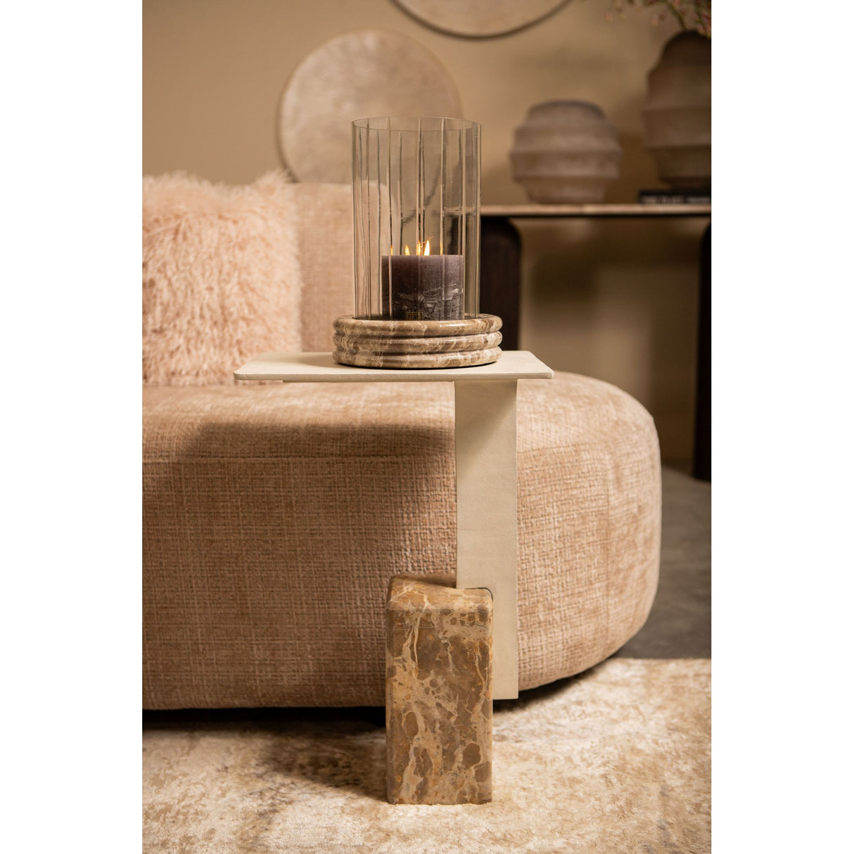 Side table - Marble stone, cast aluminum, handmade, beige, rectangular top – Ebe | PTMD