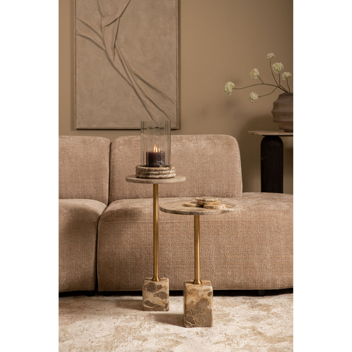 Side table - Marble stone, cast aluminum, handmade, beige, round top, large – Ebe | PTMD
