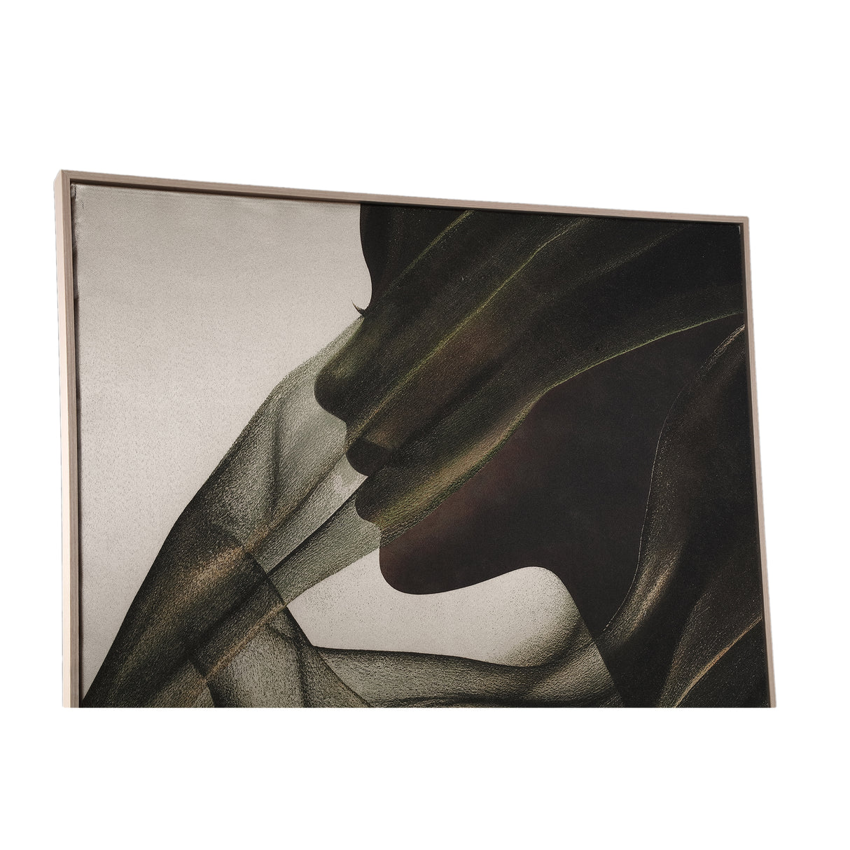 Wall panel made of polyester canvas with a pine wood frame, featuring a female motif and a dark green finish – Jilla | PTMD