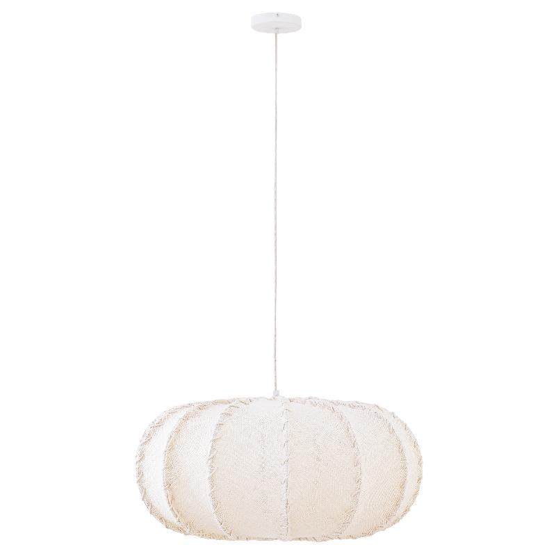 Pendelleuchte aus Jute und Eisen mit Cremeton und Flechtoptik in flachrunder Form, L – Myka | PTMD