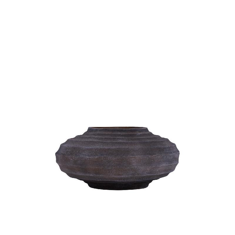 Dark Brown Cast Aluminum Flower Pot with Ribbed Design, Stone-Wash Finish, S – Kody | PTMD