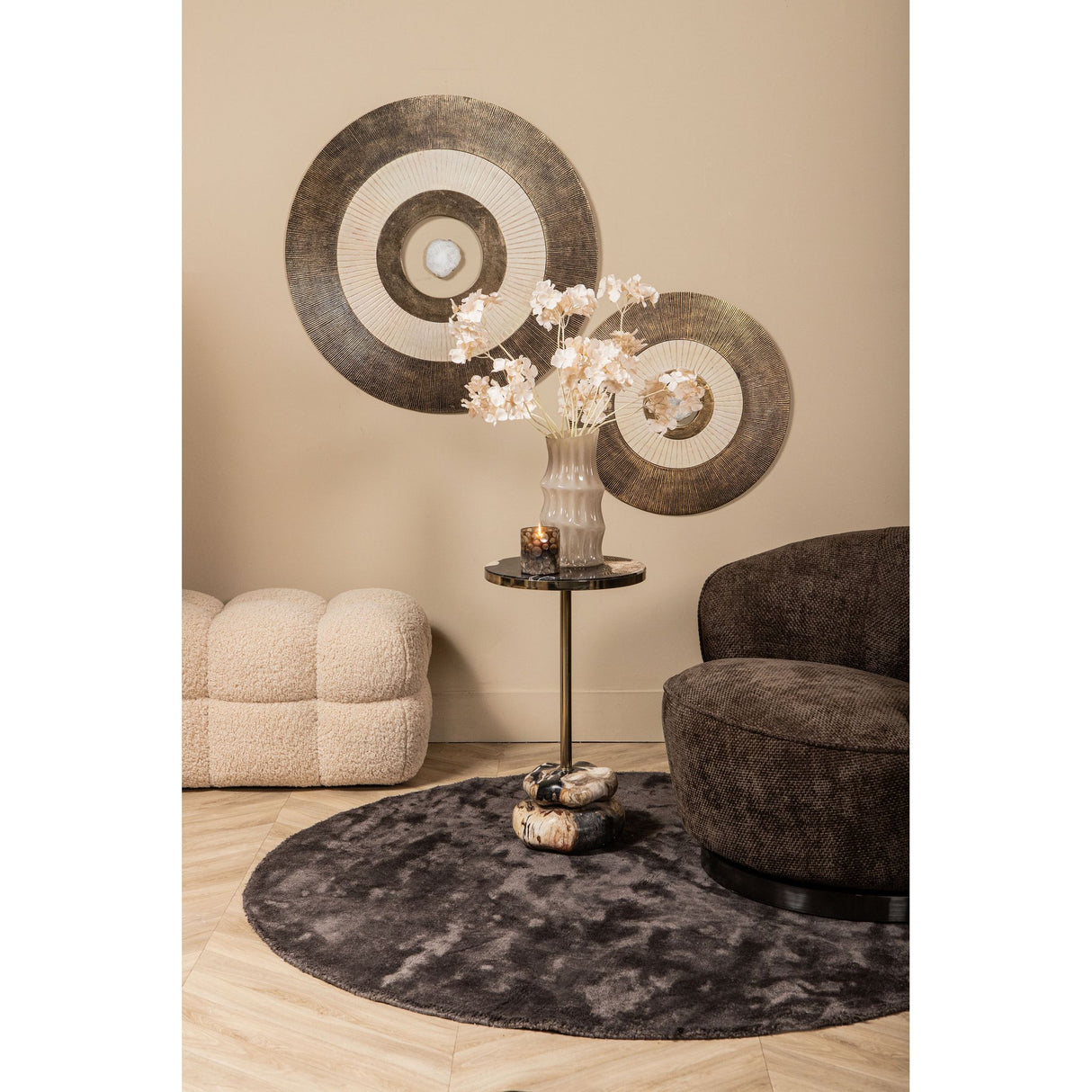 Side Table - Petrified Wood, Stainless Steel, Double Base, Natural - Wane | PTMD
