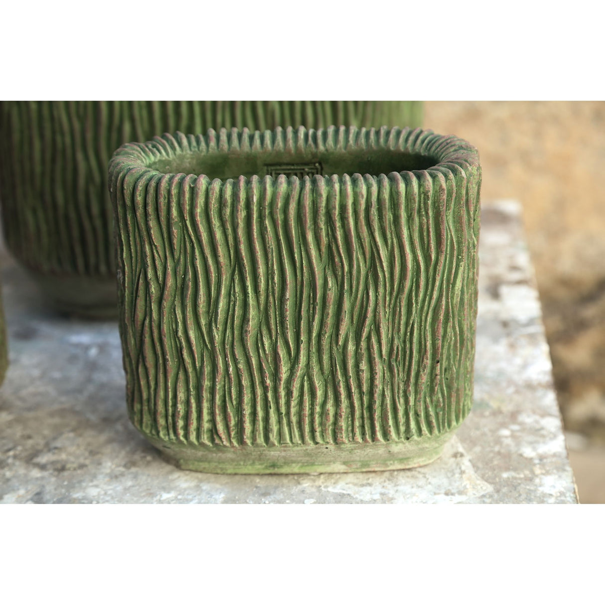 Flowerpot – Oval Shape, Striped Texture, Moss Green Color, S – Jacyln | PTMD
