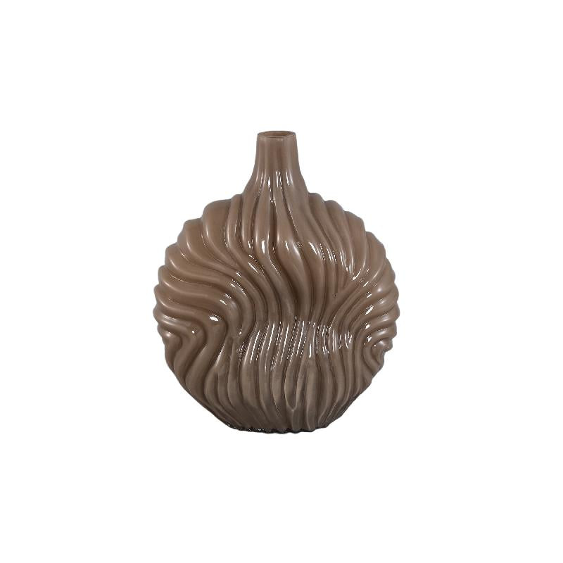 Vase - Solid Glass, Ribbed Structure, Taupe Color, Large - Kelline | PTMD