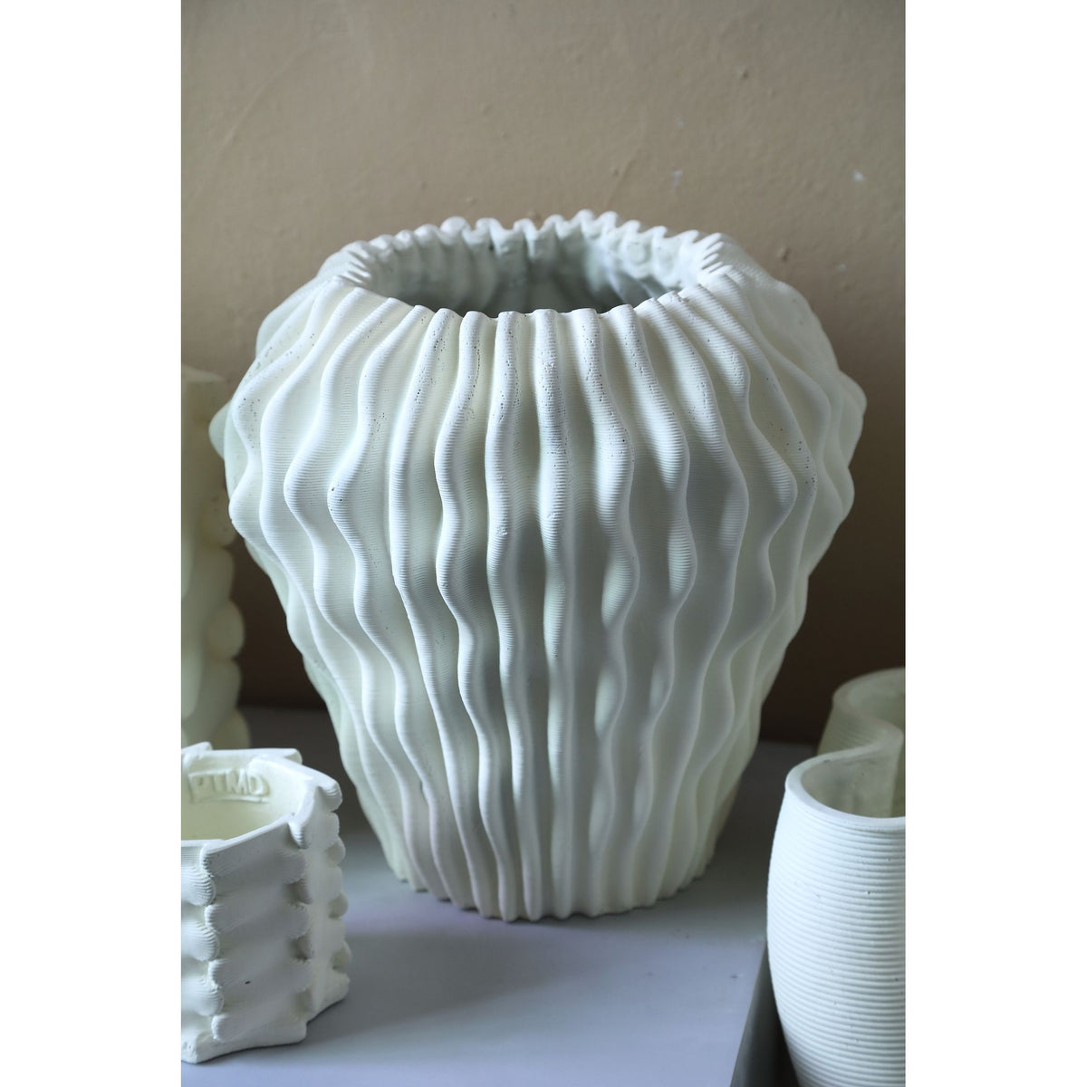 Vase – White, Wave Pattern Design, Cement Material, L – Barren | PTMD