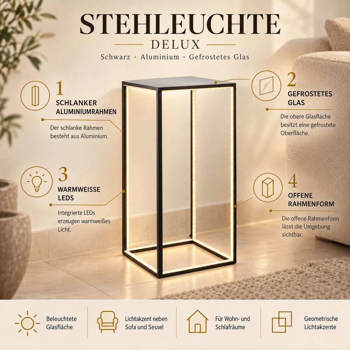 Floor lamp with high-quality metal body, slender design, integrated LED technology – DELUX | Sompex
