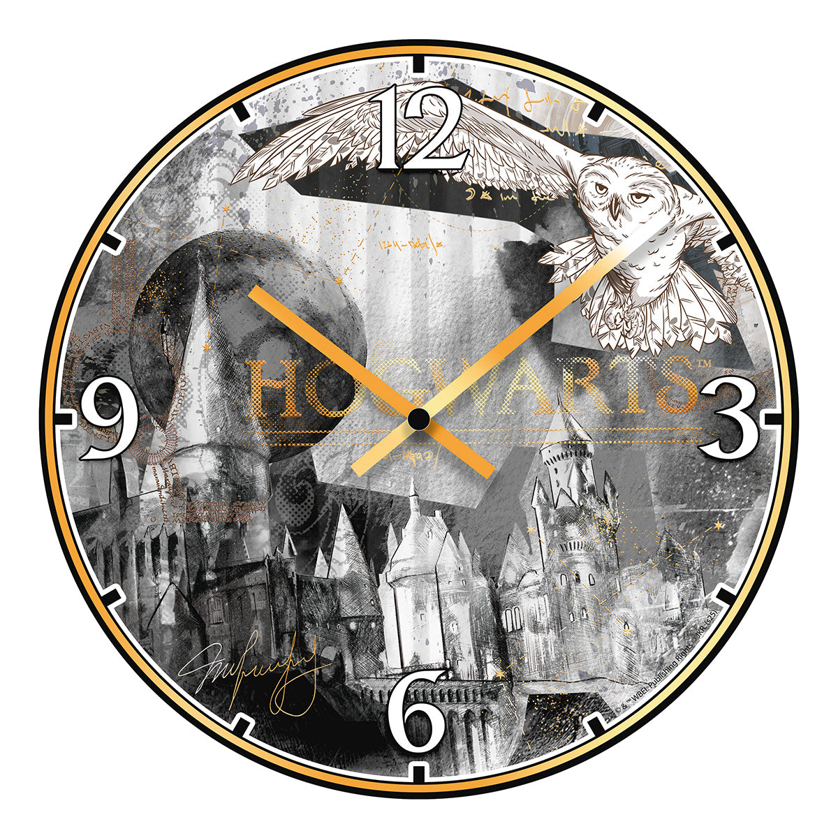 Wanduhr – MDF Oberfläche, Goldfarbene Zeiger, Collage Motiv - Hogwarts | Gilde