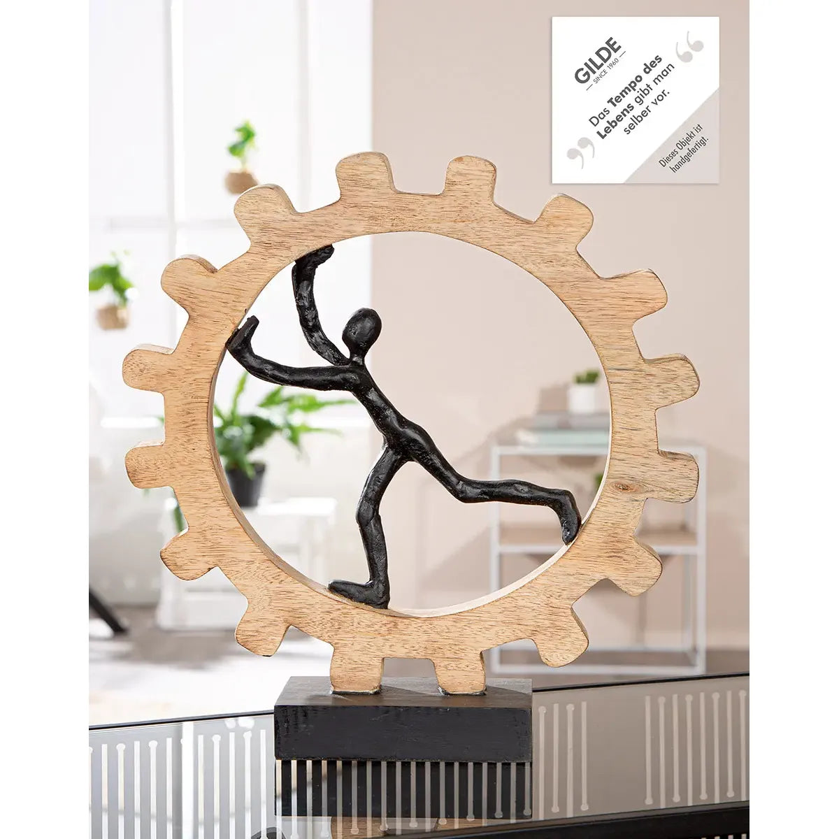 Skulptur – Gebürstetes Aluminium, Natürliches Mangoholz, Markante Zahnradform, 36 cm - Zahnrad | Gilde