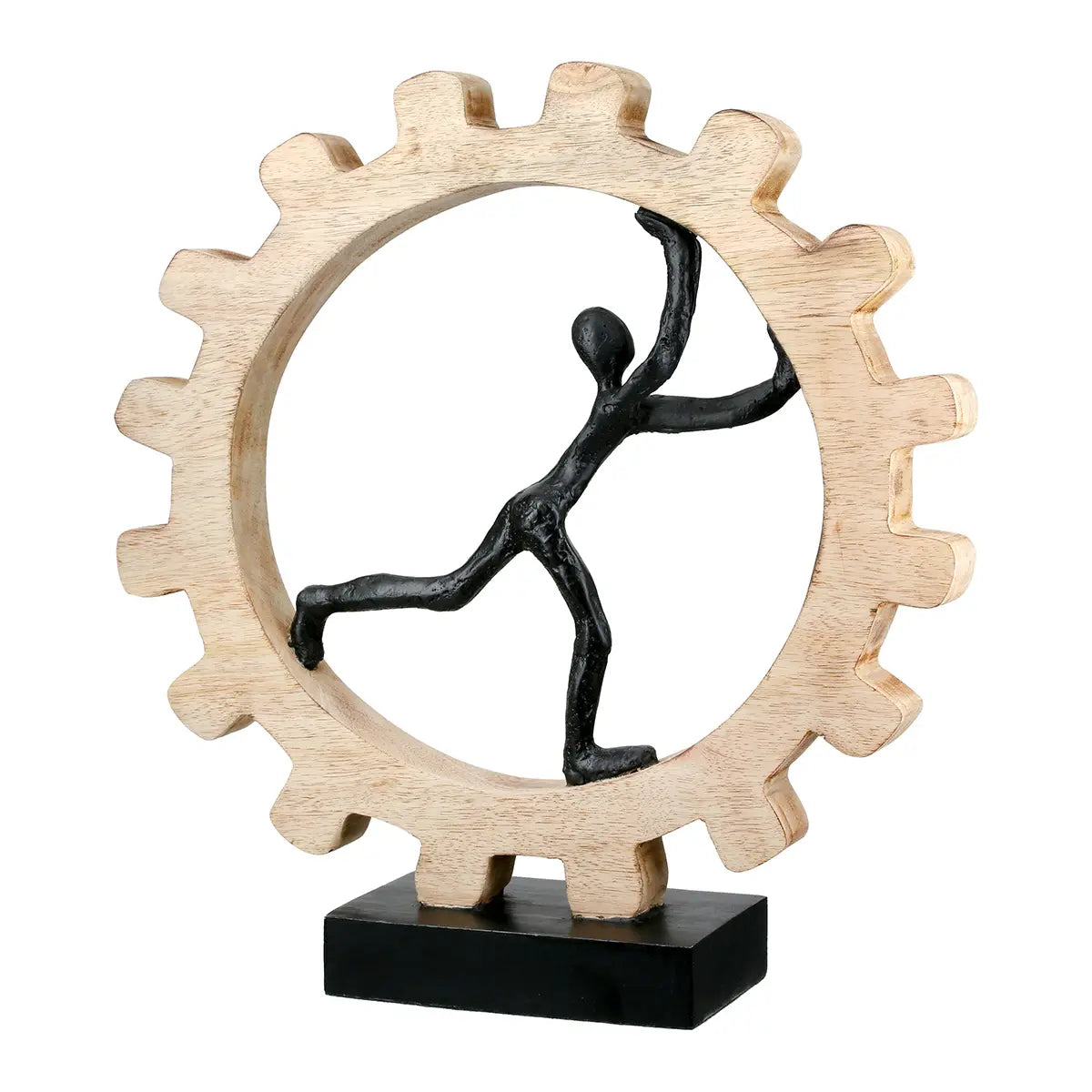 Skulptur – Gebürstetes Aluminium, Natürliches Mangoholz, Markante Zahnradform, 36 cm - Zahnrad | Gilde