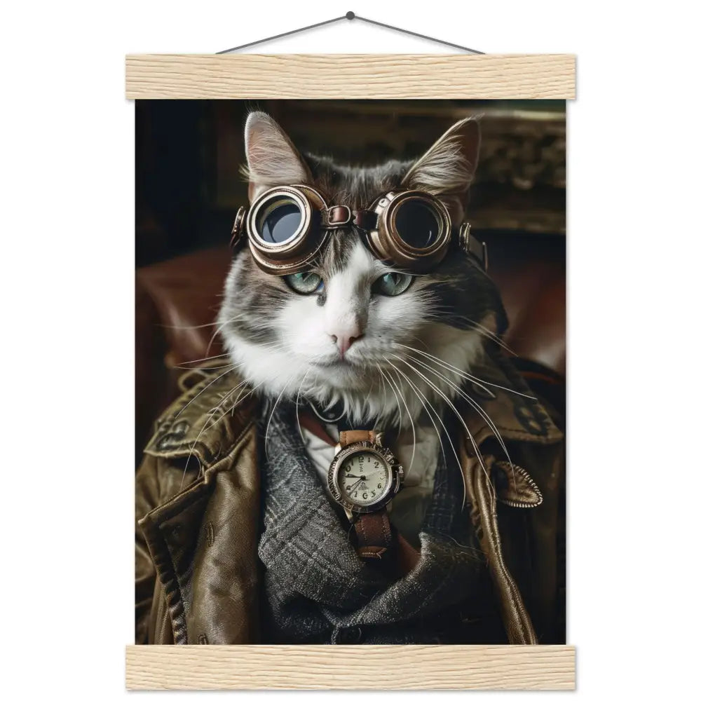 Schulposter - Steampunk-Vintage Manx Katzenmotiv, mattes FSC-Papier, magnetische Holzleisten | St Tropez Art