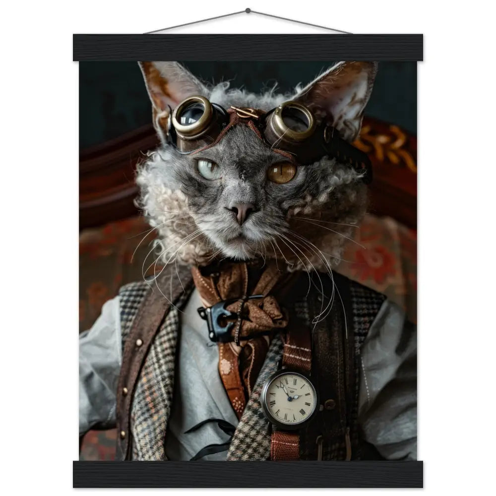 Schulposter - Steampunk-Vintage Lykoi Katzenmotiv, mattes FSC-Papier, magnetische Holzleisten | St Tropez Art