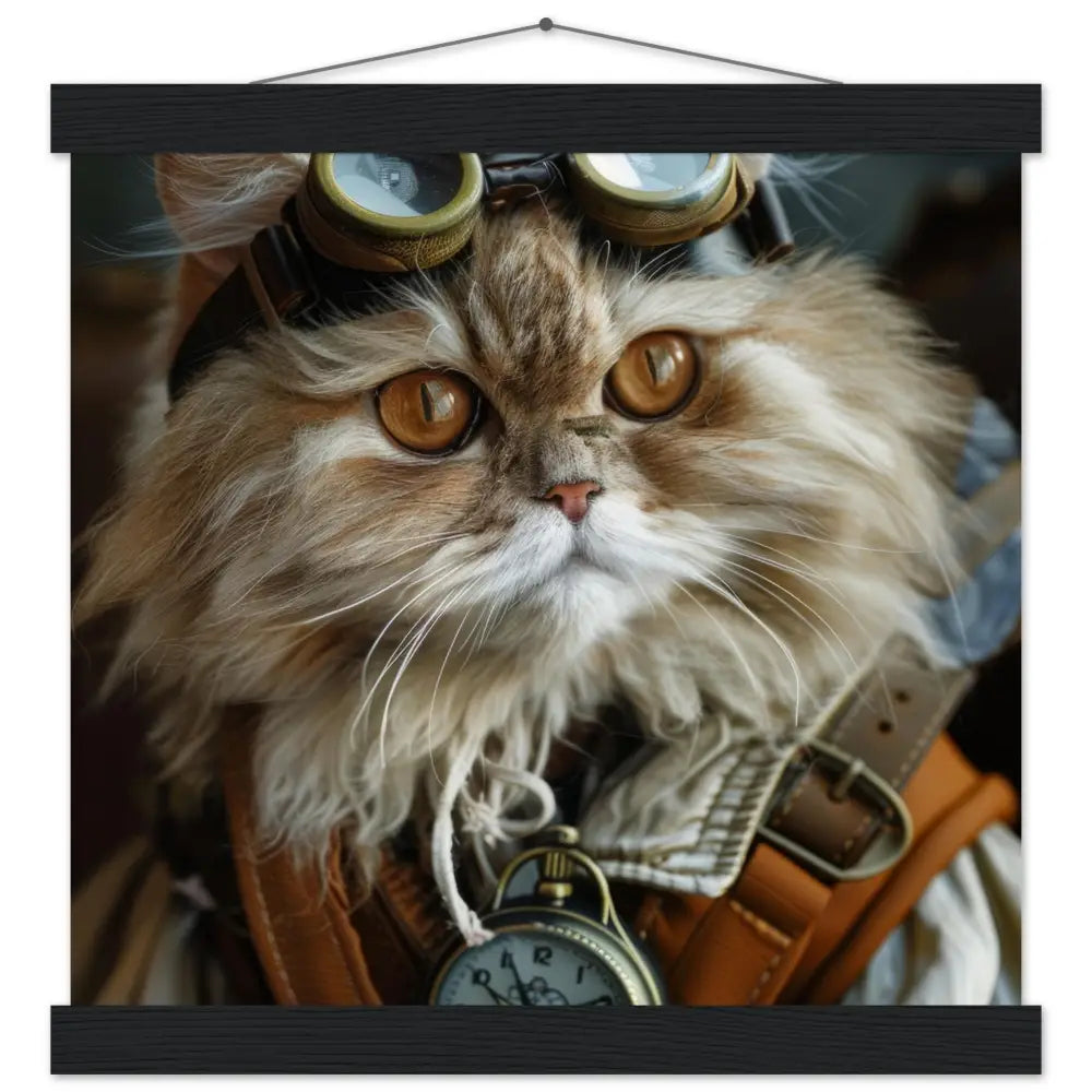 School Poster - Female Traditional Persian Cat, Steampunk Style, Antique Bronze Clock, Brass Goggles | St Tropez Art