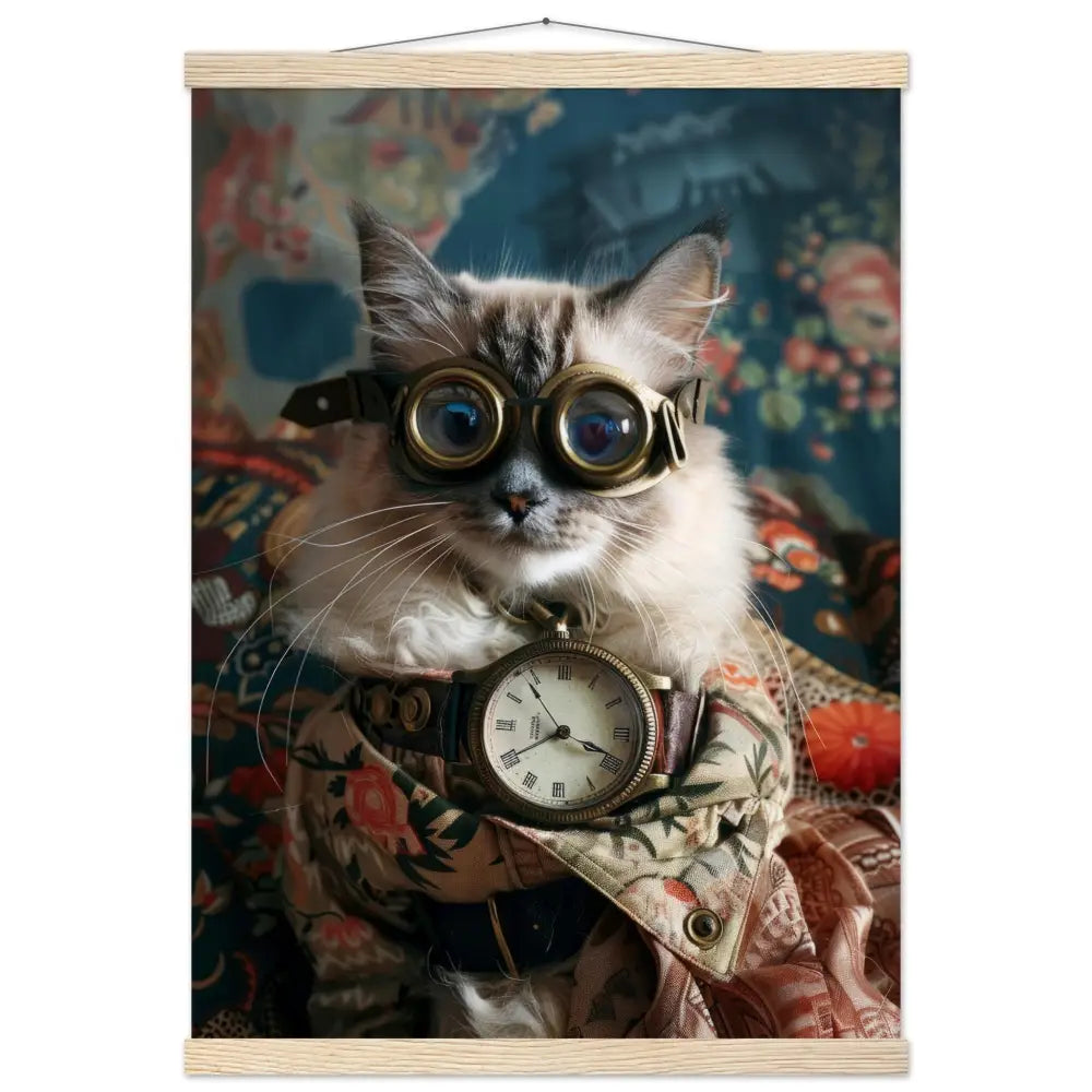 Schulposter - Steampunk-Vintage Balinesische Katze Motiv, mattes FSC-Papier, magnetische Holzleisten | St Tropez Art