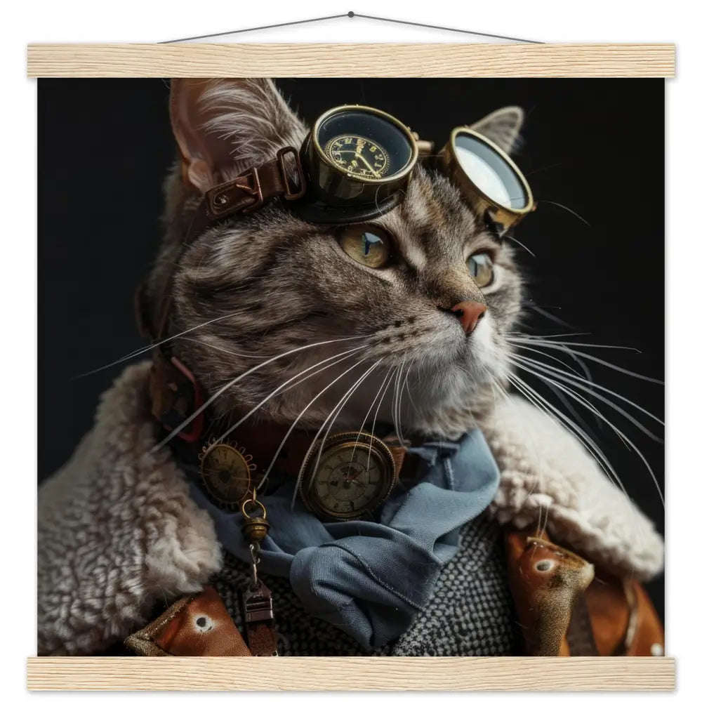 Schulposter Männlicher Ocicat-Kater, Steampunk-Stil, antike goldfarbene Uhr, retro-futuristische Brille | St Tropez Art