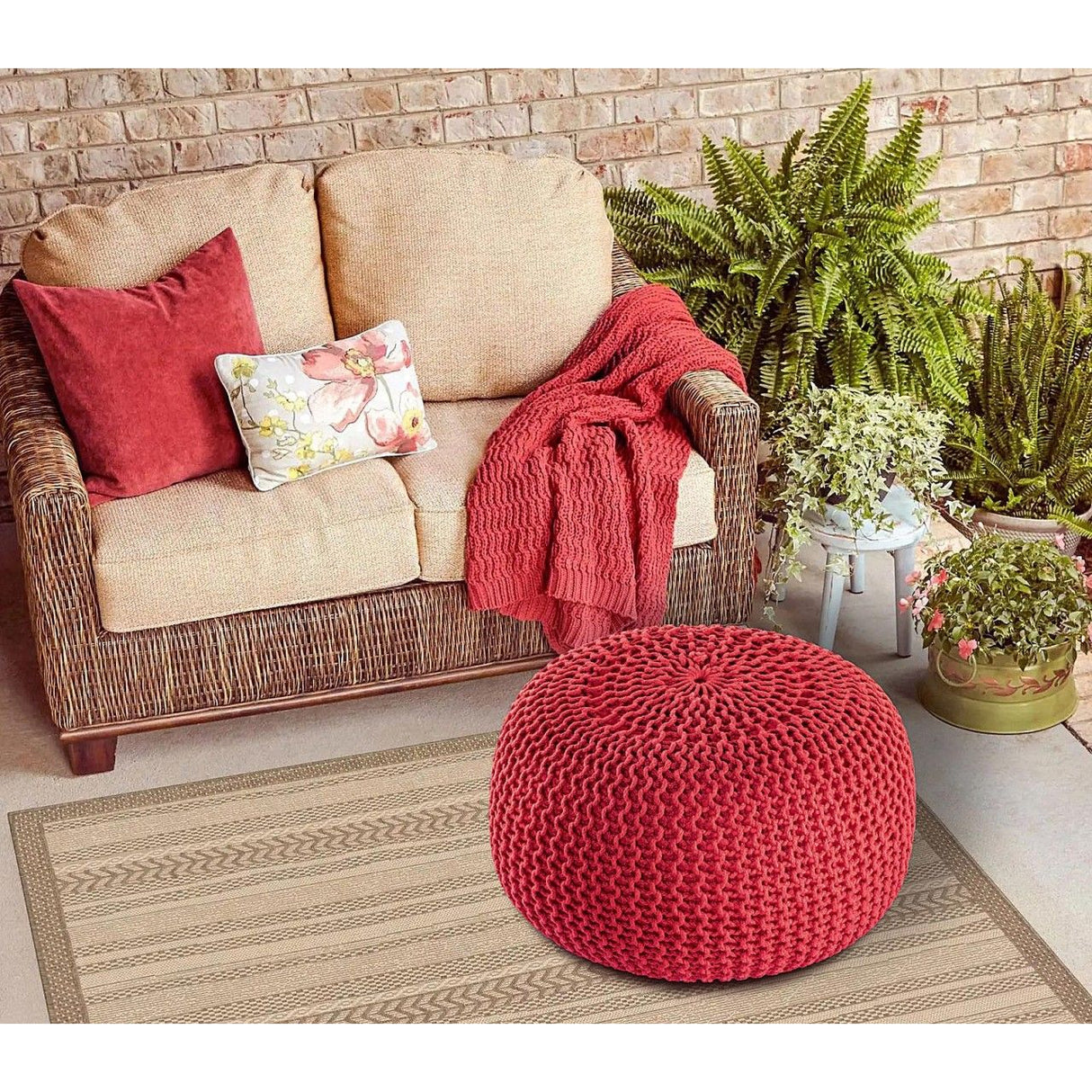 Pouf – Recycelter Kunststoff, Strick Design, Rot Farbe, 45 cm - Premium | MVG Voglrieder