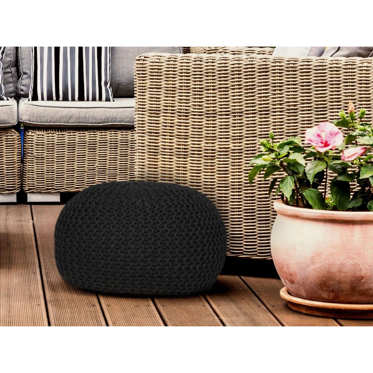 Pouf – Recycelter Kunststoff, Strick Design, Schwarz Farbe, 55 cm - Premium | MVG Voglrieder