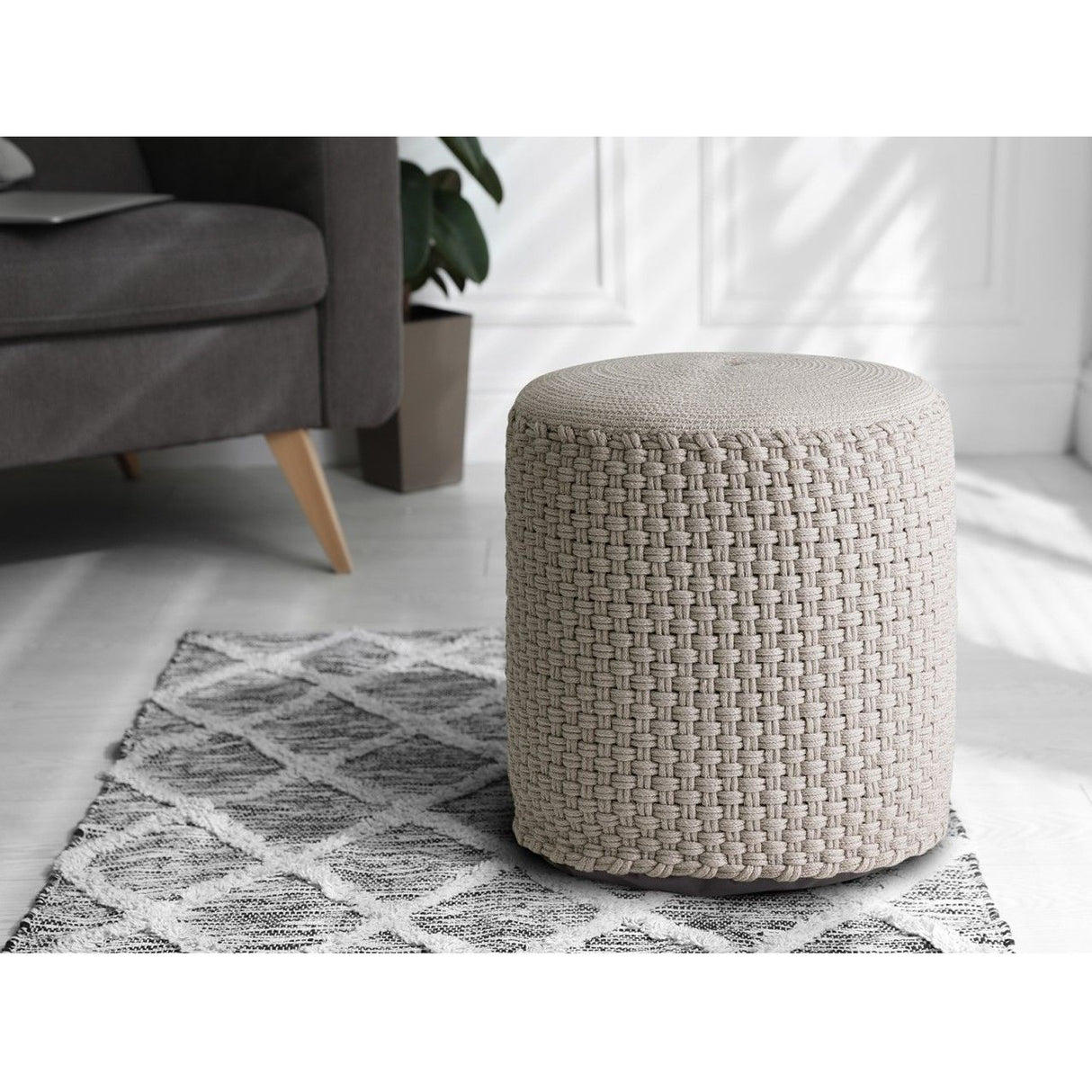 Pouf – Recycelter Kunststoff, Strick Design, Silber Grau - Merino | MVG Voglrieder