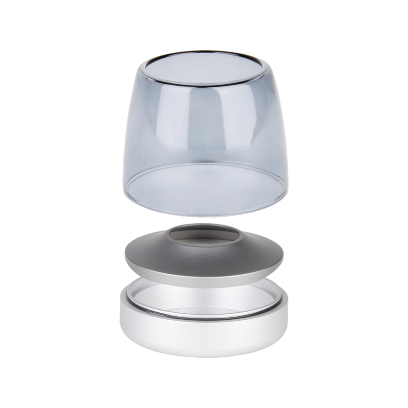 Windlicht aus Glas und Aluminium mit modernem Design und LED-Kerzen-Kompatibilität, Mattes Silber – Glow 10 | Kooduu