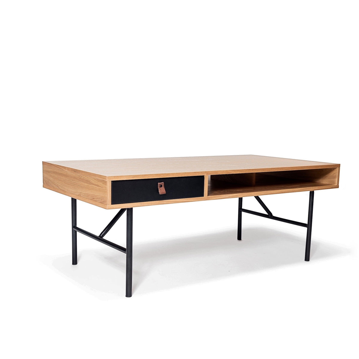 Coffee Table – Natural Ash Veneer, Matte Black Lacquered Front, Powder-Coated Metal Legs with Leather Handle – Kodiak | Njordec