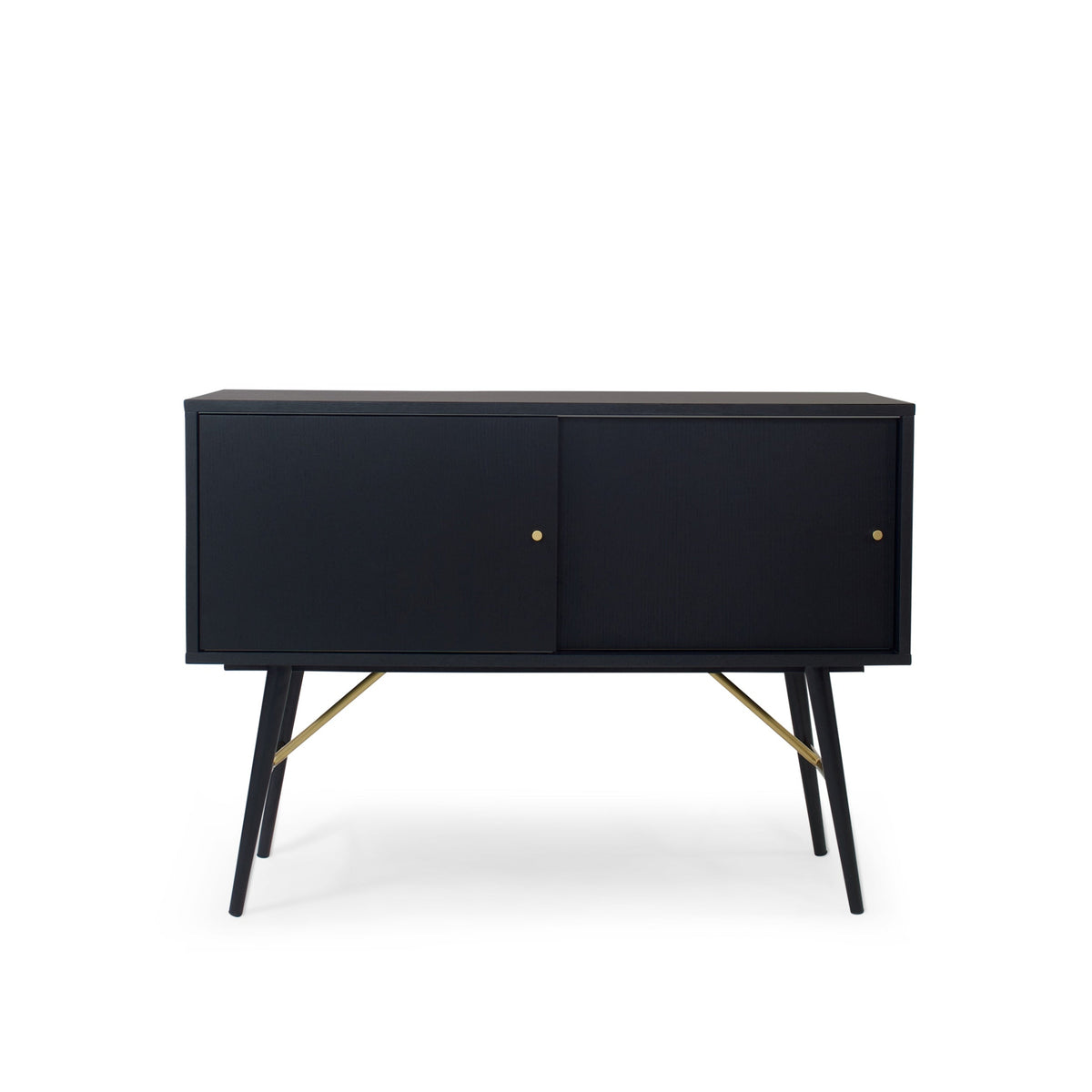 Sideboard – Matte Black Oak Veneer, Sliding Door Design, Metal Legs with Brass Details – Dawn | Njordec