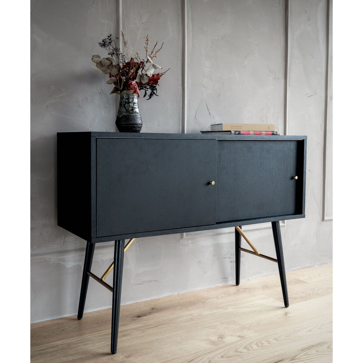 Sideboard – Matte Black Oak Veneer, Sliding Door Design, Metal Legs with Brass Details – Dawn | Njordec
