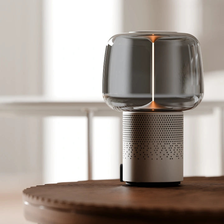 Lautsprecherleuchte aus pulverbeschichtetem Stahl mit handgefertigtem Glasschirm und Filament-LED – Serena PLAY | Kooduu