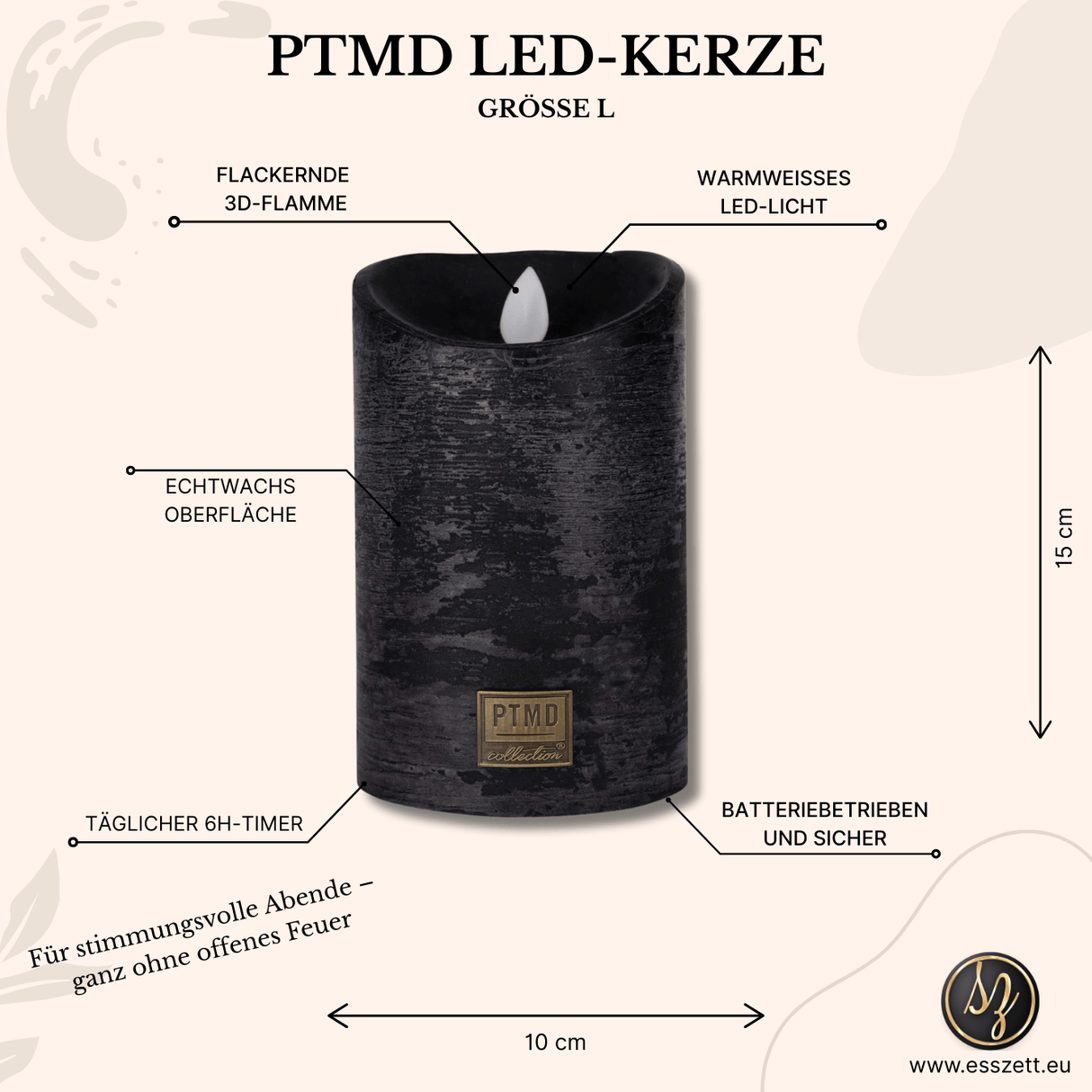 LED - Kerze schwarz rustikal bewegliche Flamme mit 6 - Stunden - Timer – LED | PTMD - Esszett Luxury | Stilvolles Wohnen mit Charakter