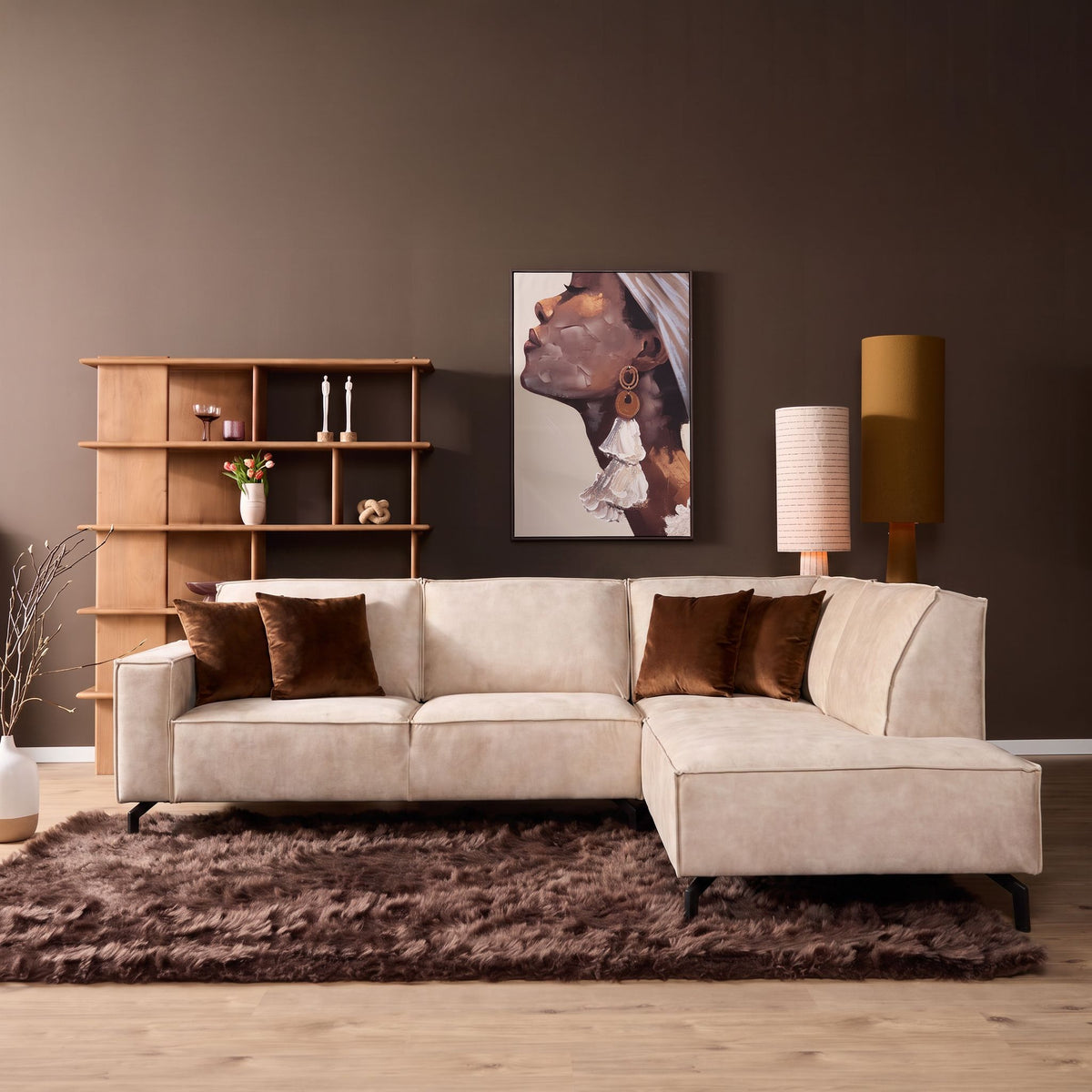 Ecksofa – Velvet Bezug, Beige Farbe, Rechts Divan - Floris | Starfurn