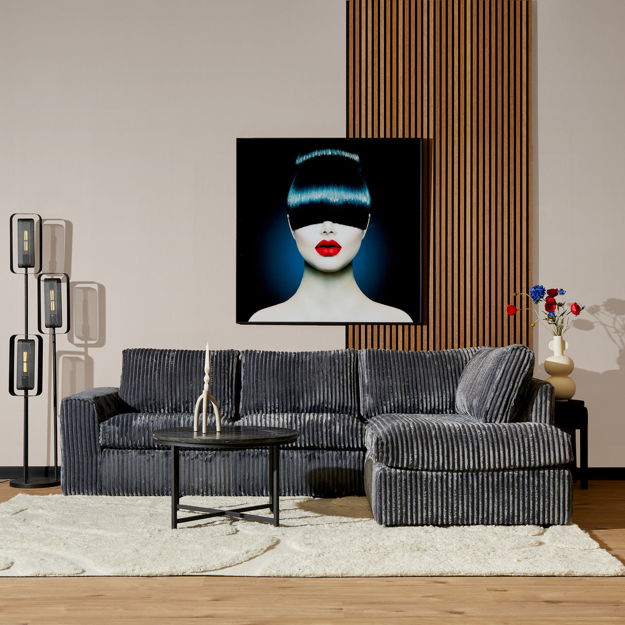 Ecksofa – Anthrazit Stoff, Breite Rippenstruktur, Rechte Ottomane – Teddy | Starfurn