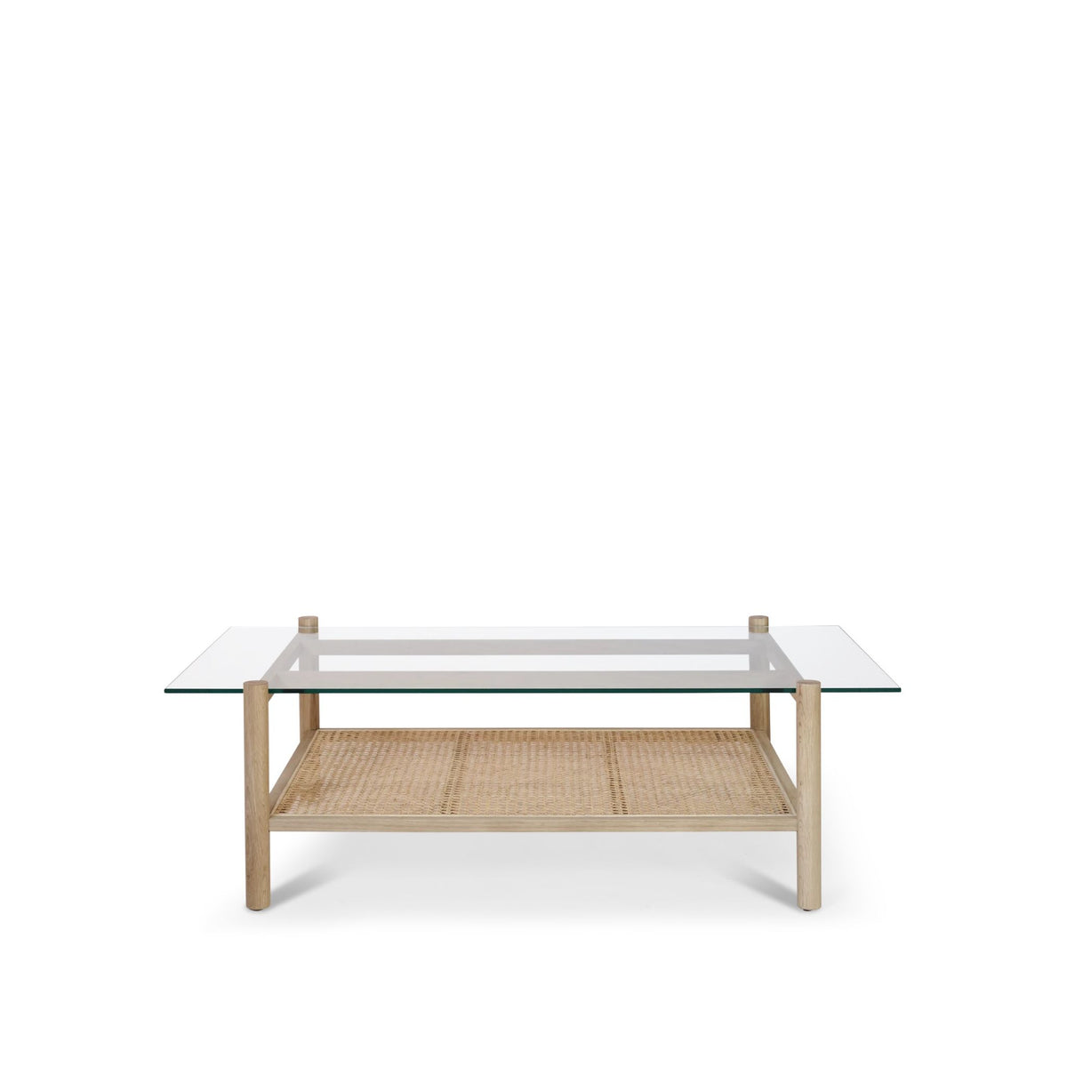 Coffee Table – Solid Oak Frame, French Rattan Weave, Tempered Glass Top with Beveled Edge – Neo | Njordec