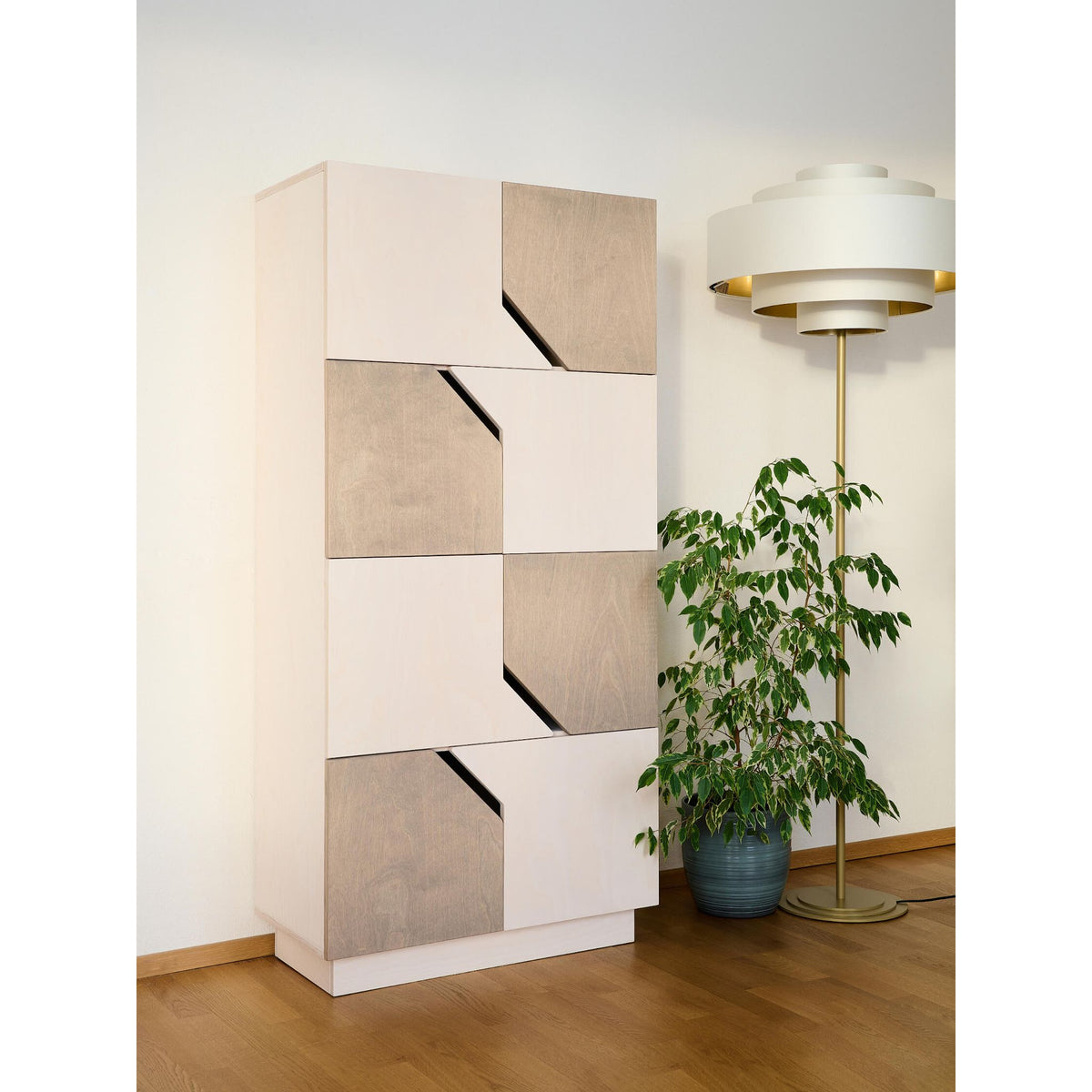 Sideboard made of birch multiplex with white oil-wax finish & pebble-grey doors – Maze| Radis